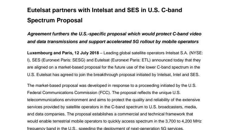 Eutelsat partners with Intelsat and SES in U.S. C-band Spectrum Proposal