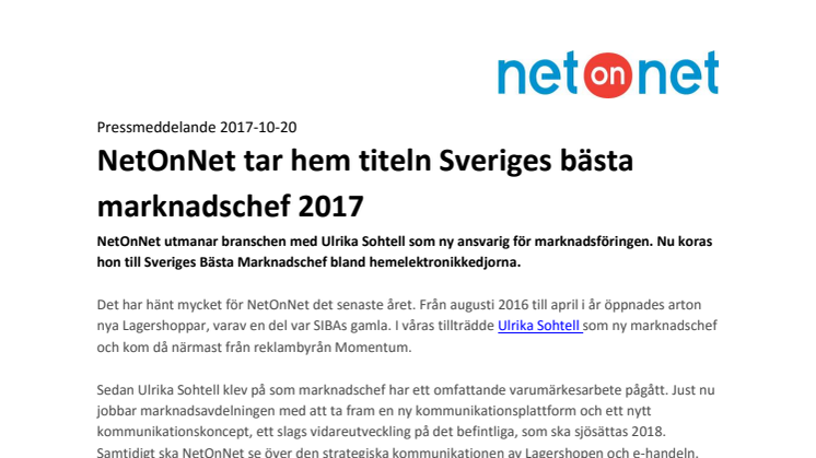 NetOnNet tar hem titeln Sveriges Bästa Marknadschef 2017