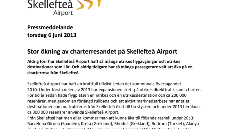 Stor ökning av utrikesresor från Skellefteå Airport