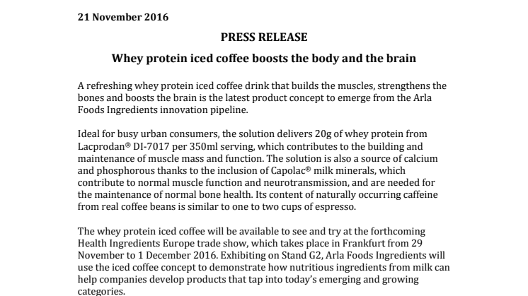 Press release – Whey protein iced coffee boosts the body and the brain