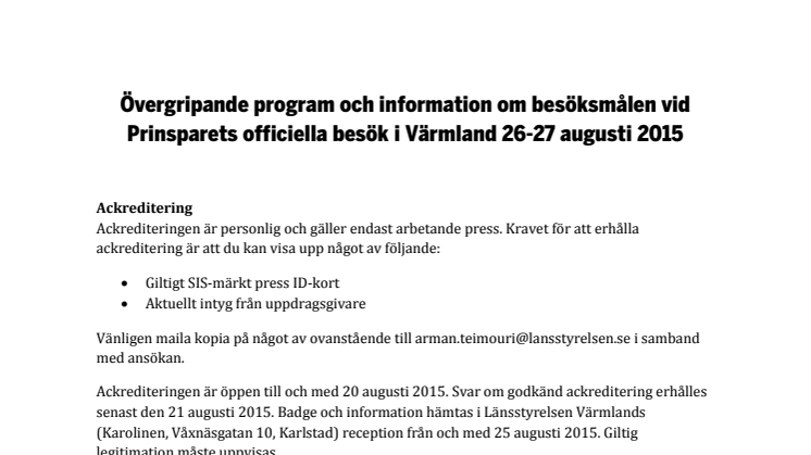 Övergripande program för Prinsparets officiella besök i Värmland 26-27 augusti