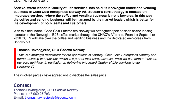 Press release Sodexo sells coffee and vending business to Coca-Cola Enterprises Norway