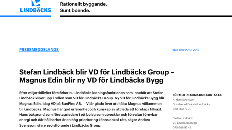 Stefan Lindbäck blir VD för Lindbäcks Group och Magnus Edin tillsätts som VD för Bygg