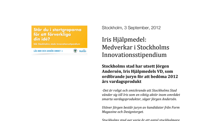 Iris Hjälpmedel:  Medverkar i Stockholms Innovationsstipendium 