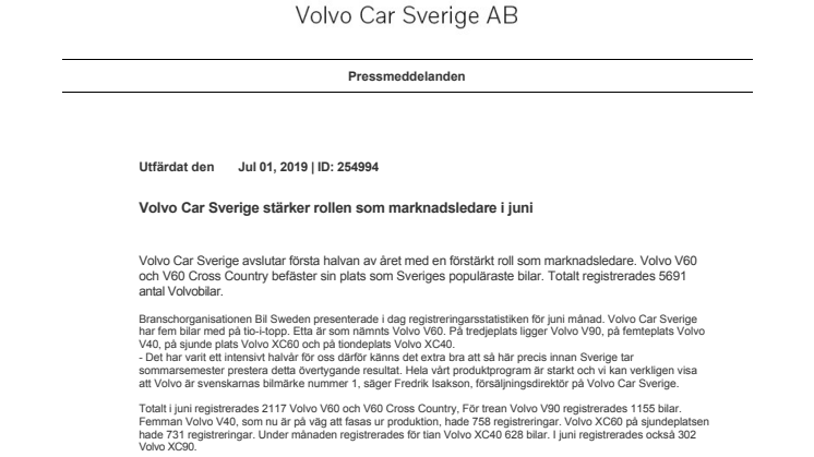 Volvo Car Sverige stärker rollen som marknadsledare i juni