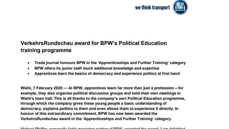 VerkehrsRundschau award for BPW’s Political Education training programme