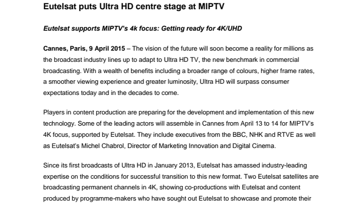 Eutelsat puts Ultra HD centre stage at MIPTV