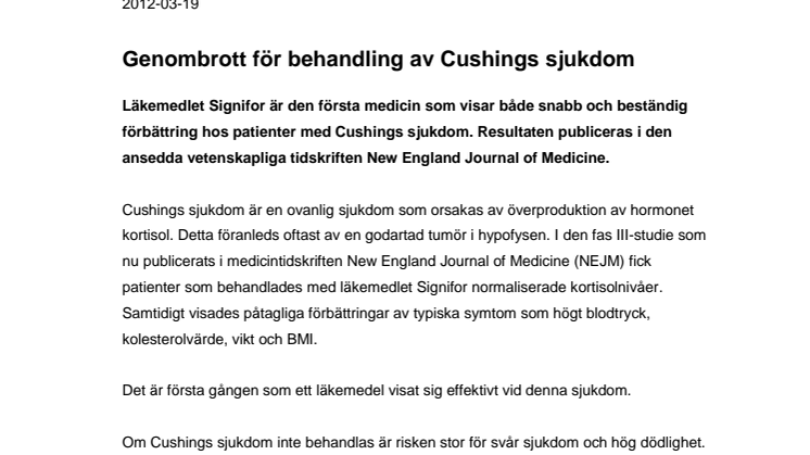 Genombrott för behandling av Cushings sjukdom