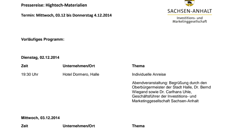 Programm zur Pressereise "Hightech-Materialien aus Sachsen-Anhalt"