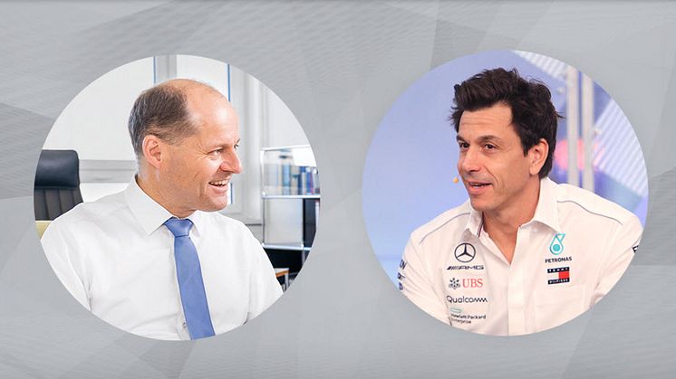 Johannes Pfeffer, styrelsens ordförande på ebm-papst i Tyskland (till vänster) och Toto Wolff, Teamchef & CEO för Mercedes-AMG Petronas Motorsport. Foto: Medcedes-AMG Petronas / ebm-papst / Adobe Stock Kaikoro