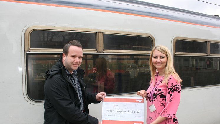 Just the ticket: Caron Hooper of Keech Hospice Care is presented with a donation of over £6,600 at Thameslink's Luton station by Train Services Manager Ant Yandell