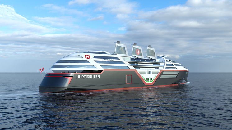 Slik ser den første konsepttegningen av Hurtigrutens SeaZero-prosjekt ut. Illustrasjon: Vard / Hurtigruten 