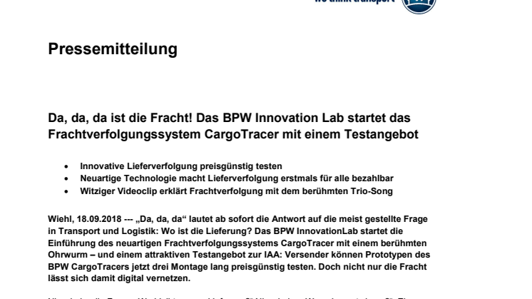 Da, da, da ist die Fracht! Das BPW Innovation Lab startet das Frachtverfolgungssystem CargoTracer mit einem Testangebot 