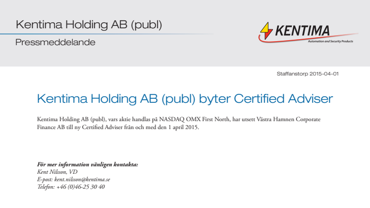 Kentima Holding AB (publ) byter Certified Adviser