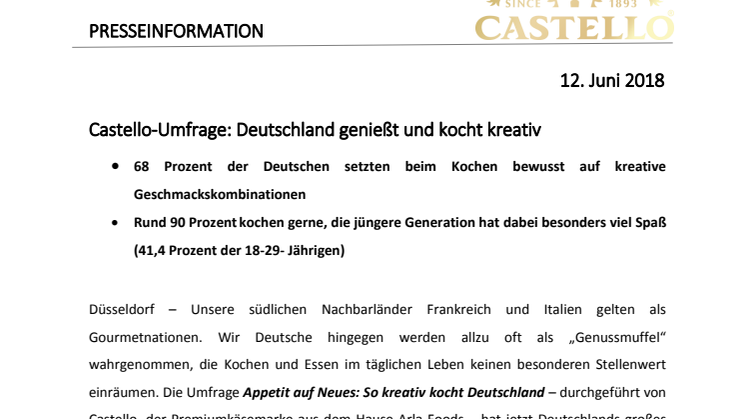 Castello-Umfrage: Deutschland genießt und kocht kreativ