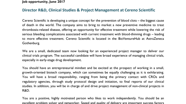 Job opportunity: Cereno Scientific is looking for a Director R&D, Clinical Studies & Project Management 