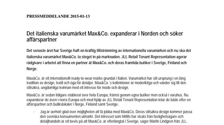 Det italienska varumärket Max&Co. expanderar i Norden och söker affärspartner  