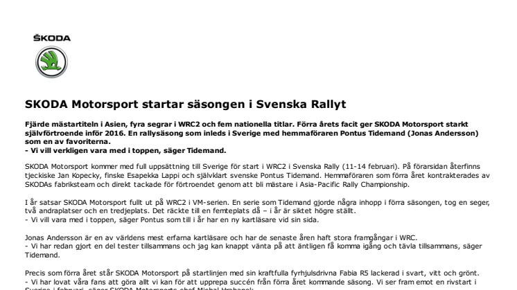 SKODA Motorsport startar säsongen i Svenska Rallyt