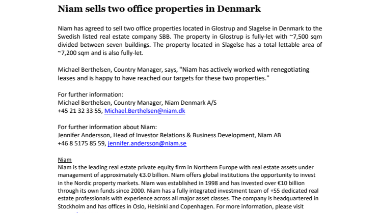 Niam sells two office properties in Denmark 