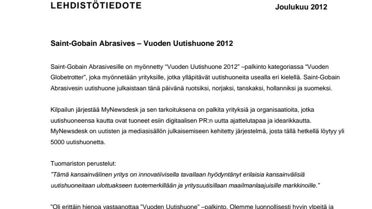 Saint-Gobain Abrasives – Vuoden Uutishuone 2012