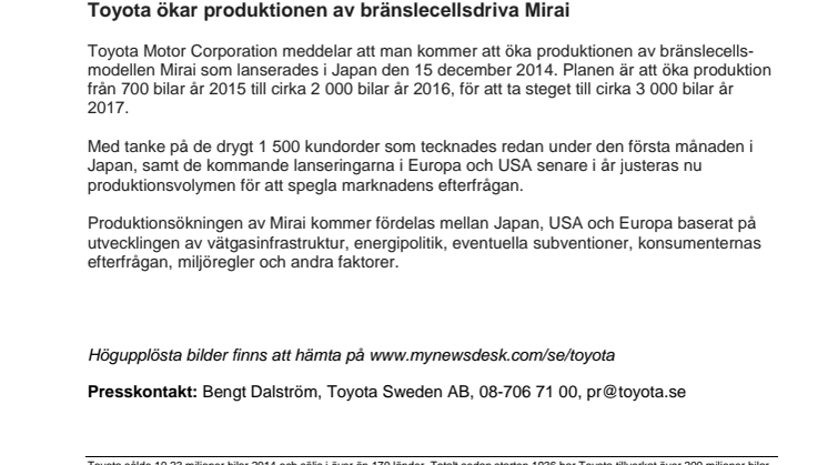 Toyota ökar produktionen av bränslecellsdriva Mirai