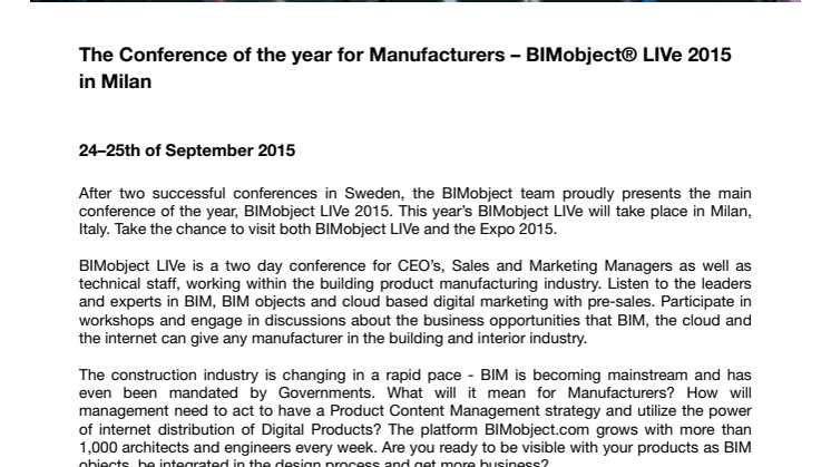 The Conference of the year for Manufacturers – BIMobject® LIVe 2015 in Milan