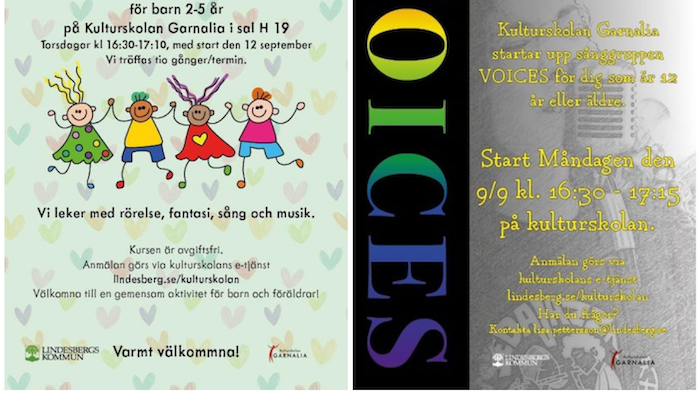 Musiklek för barn och sånggruppen Voices - två av Kulturskolan Garnalias kurser som startar i september.