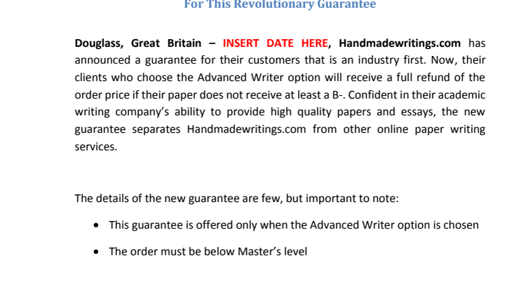 Handmadewritings.com Announces Money Back Guarantee If Your Paper Receives A Grade Lower Than B-