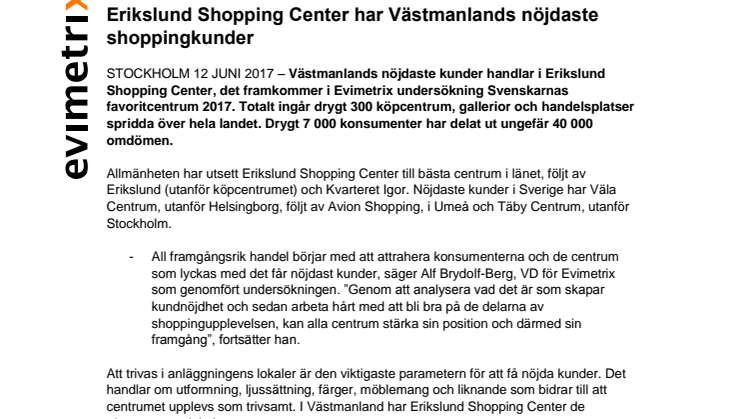 Erikslund Shopping Center har Västmanlands nöjdaste shoppingkunder