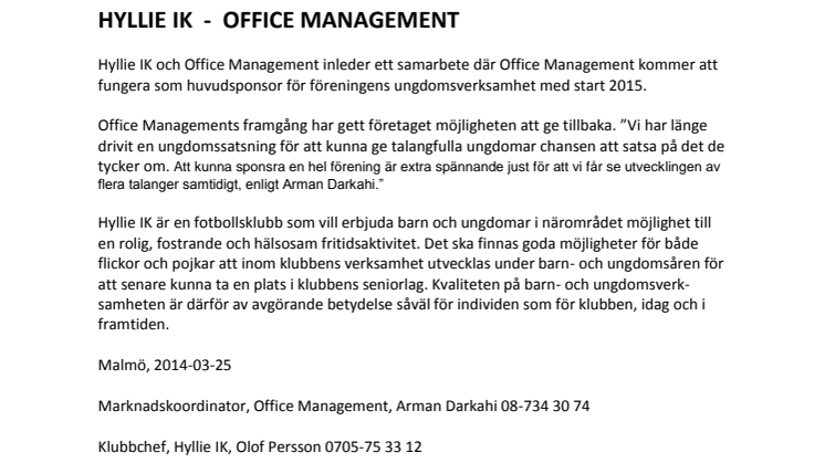 Hyllie IK och Office Management inleder samarbete kring föreningens ungdomsverksamhet!