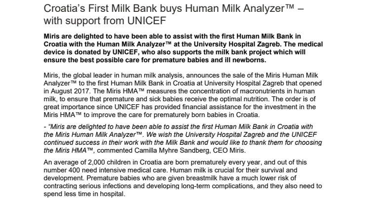 Croatia’s First Milk Bank buys Human Milk Analyzer™ – with support from UNICEF