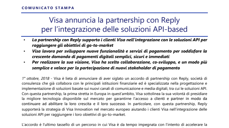 Visa annuncia la partnership con Reply  per l’integrazione delle soluzioni API-based 