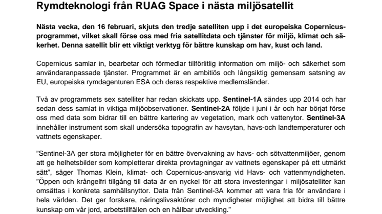 Rymdteknologi från RUAG Space i nästa miljösatellit 