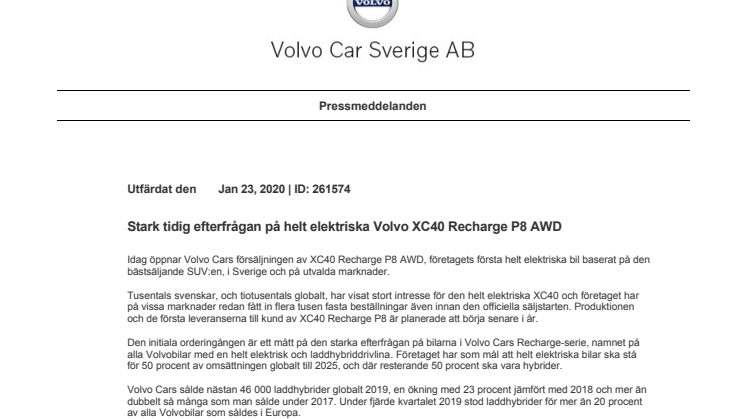 Stark tidig efterfrågan på helt elektriska Volvo XC40 Recharge P8 AWD