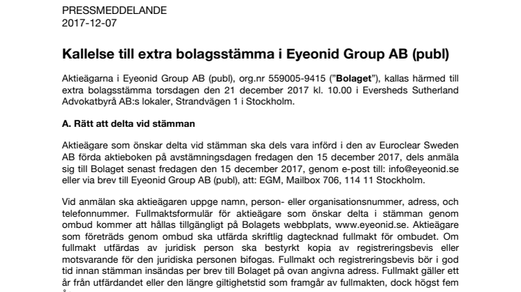 Kallelse till extra bolagsstämma i Eyeonid Group AB (publ)