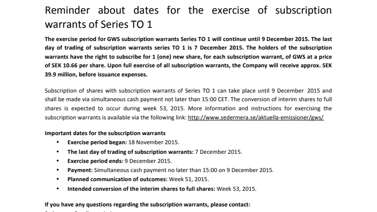 Reminder about dates for the exercise of subscription warrants of Series TO 1 