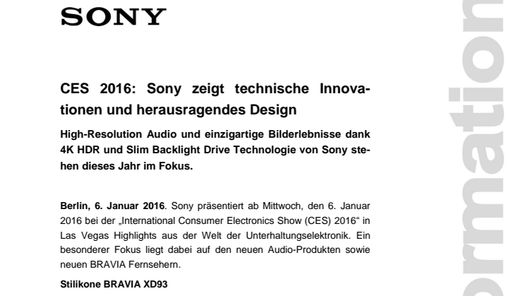 CES 2016: Sony zeigt technische Innovationen und herausragendes Design