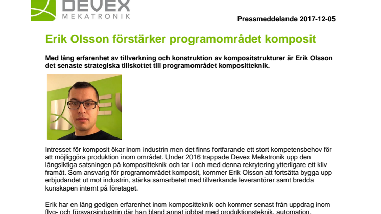 Erik Olsson förstärker programområdet komposit