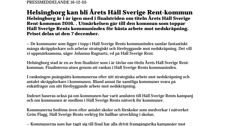 Helsingborg kan bli Årets Håll Sverige Rent-kommun