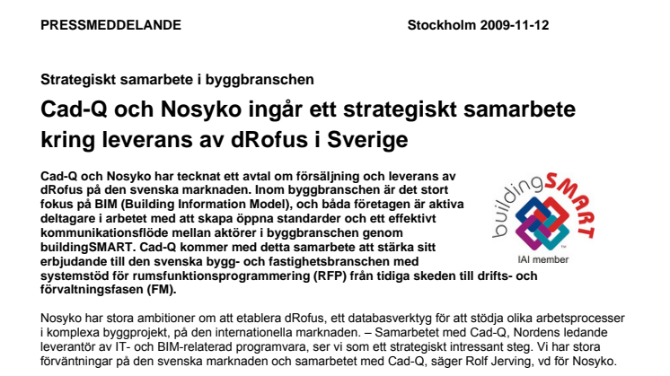 Strategiskt samarbete i byggbranschen: Cad-Q och Nosyko ingår ett avtal kring leverans av dRofus i Sverige
