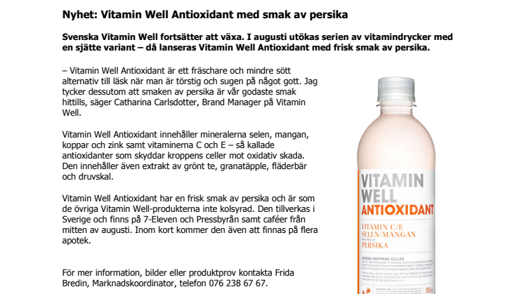 Nyhet: Vitamin Well Antioxidant med smak av persika