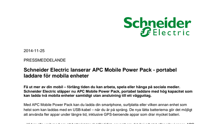 Schneider Electric lanserar APC Mobile Power Pack - portabel laddare för mobila enheter 