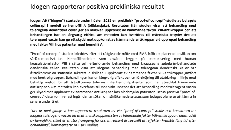 Idogen rapporterar positiva prekliniska resultat 