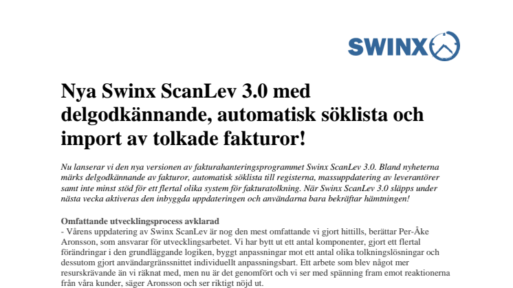 Nya Swinx ScanLev 3.0 med delgodkännande, automatisk söklista och import av tolkade fakturor!