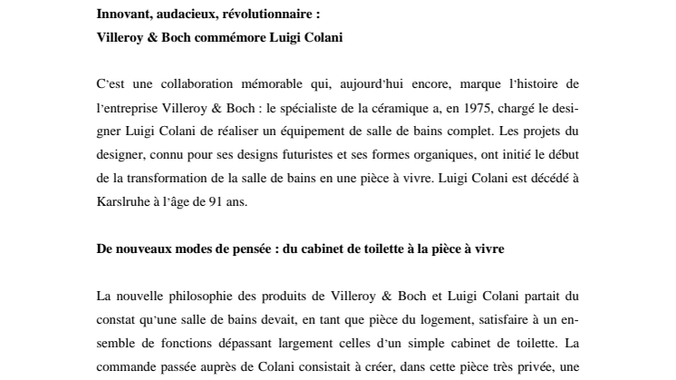 Innovant, audacieux, révolutionnaire :  Villeroy & Boch commémore Luigi Colani 
