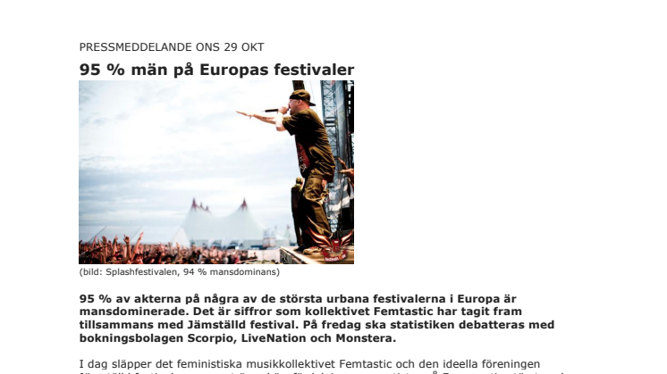 Pressmeddelande: 95 % män på Europas festivaler