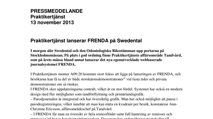 Praktikertjänst lanserar FRENDA på Swedental