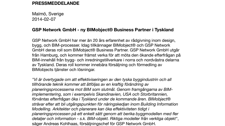 GSP Network GmbH - ny BIMobject® Business Partner i Tyskland