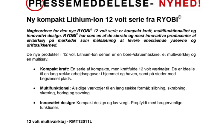 Ny kompakt Lithium-Ion 12 volt serie fra RYOBI®