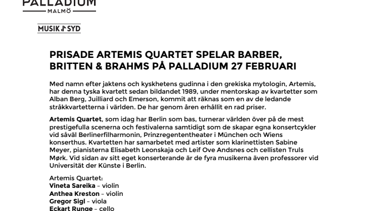 Prisade Artemis Quartet spelar Barber, Britten & Brahms på Palladium Malmö 27 februari